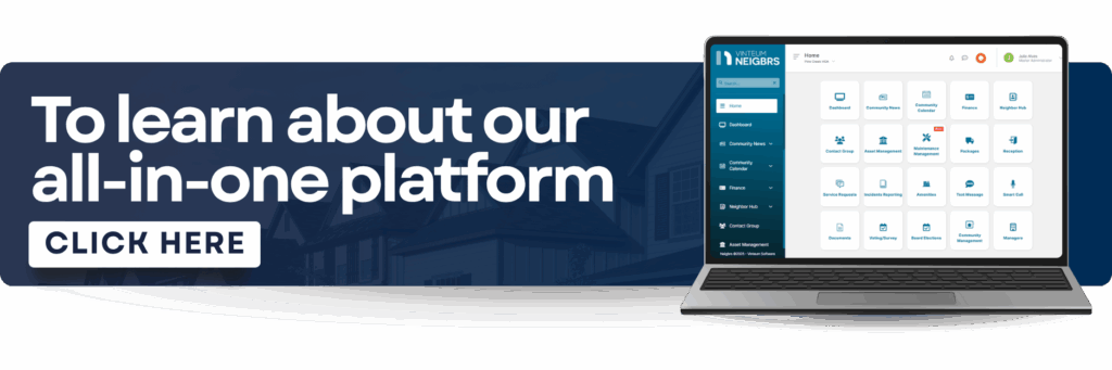 A banner with the writing ''To learn more about our all-in-one platform; Click here'' and an image of a computer on the far right.