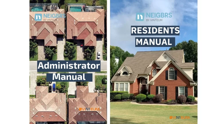 the cover of neigbrs by vinteum manuals. The administrator manual has houses from above and the resident manual is a house with a lawn