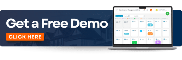 A banner with the writing ''Get A Free Demo'' and ''Click Here'', as well as a picture of a computer at the far right of the banner, with a Neigbrs by Vinteum page on it, a great platform for Community Association Managers vs Property Managers, as well as Board Members. 