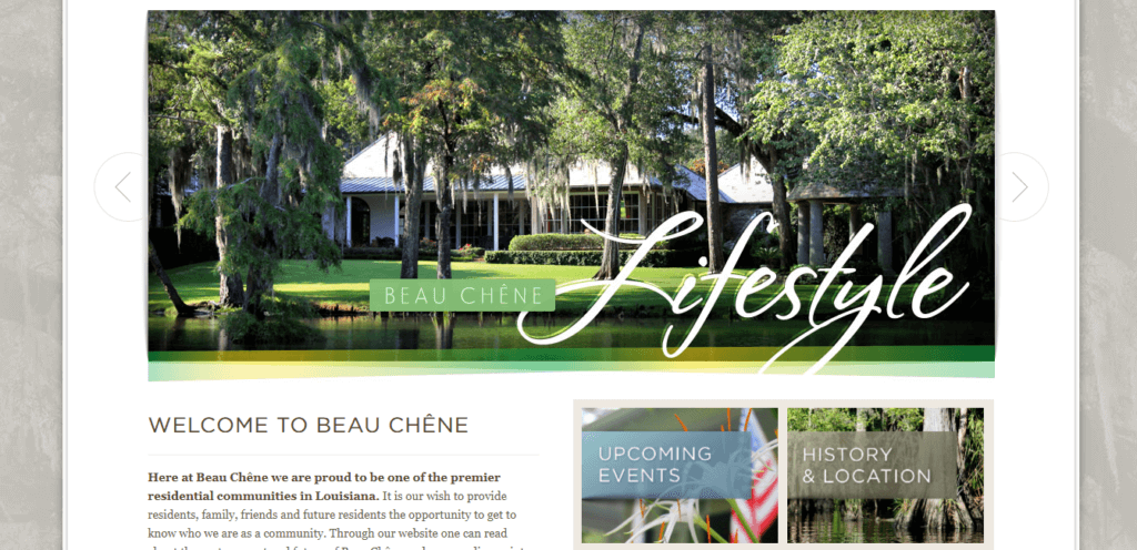 Screenshot of Beau Chene's homepage of their HOA website which says Beau Chene lifestyle, welcome to beau chene