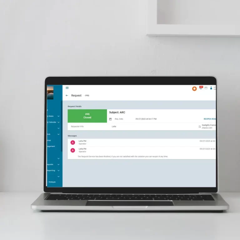 Image of an open lapotop on a white desk with the neigbrs by vinteum service request feature open on an ARC request