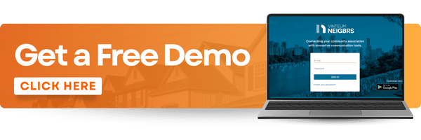 A banner with the writing ''Get Free Demo'' and ''Click Here''. A computer on the far right with a Neigbrs by Vinteum resident portal on the screen. 