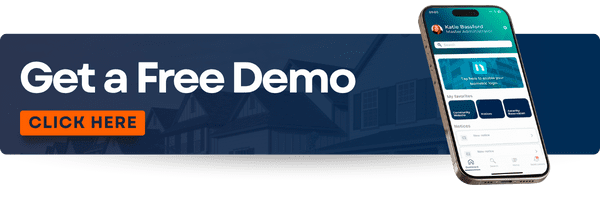 A banner with the writing ''Get A Free Demo'' and ''Click Here''. A cellphone on the far right with a Neigbrs by Vinteum home page  on the screen.